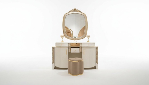 Elegant beige wooden vanity table with pouffe for the bedroom.