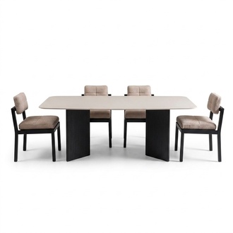 Elegant beige dining room set made of wood with 4 chairs and a dining table.