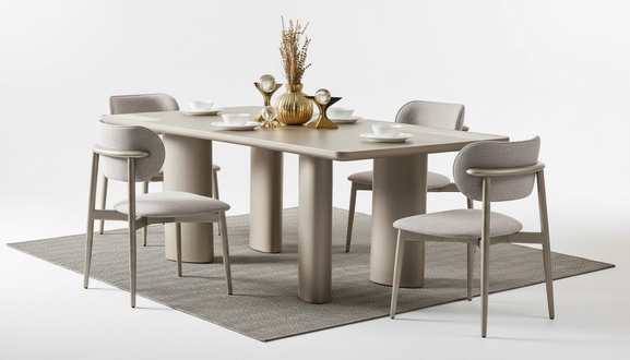 Elegant beige dining table with wooden legs and 4 fabric chairs.