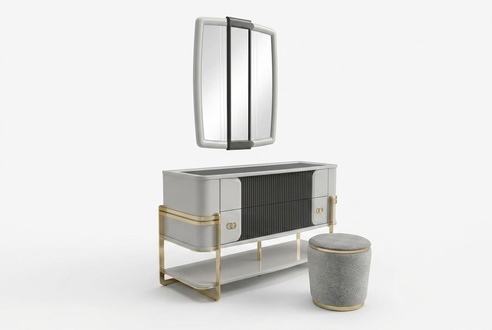 Elegant beige wood vanity table with mirror and stool.