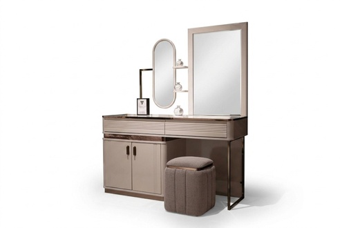 Elegant beige makeup table with mirror and wooden stool.