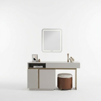 Elegant beige makeup table with mirror and wooden stool.