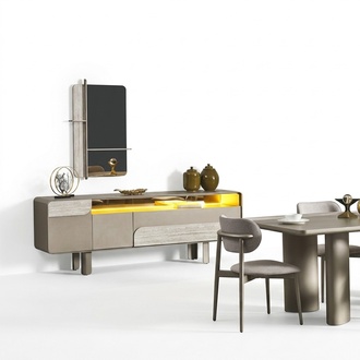 Elegant beige wooden console with mirror in stylish design.