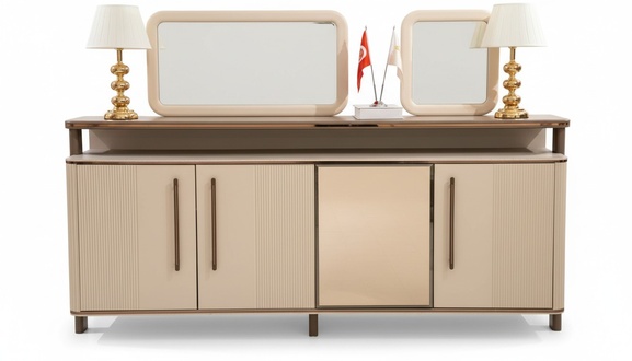 Elegant beige wooden sideboard with mirror, modern.