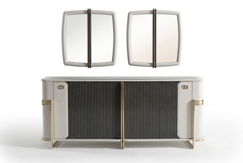 Elegant beige wooden sideboard with mirror in modern design.