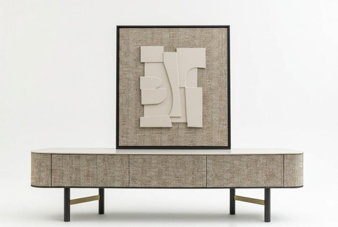 Elegant beige wooden TV stand with artwork in a modern style.