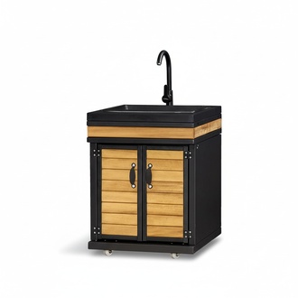 Elegant black outdoor kitchen module made of stainless steel and wood.