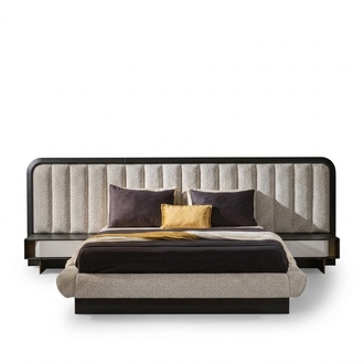 Elegant black wooden bed with nightstands in a modern style.