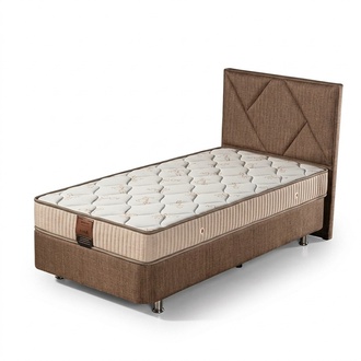 Elegant brown bed with textile mattress and stainless steel.