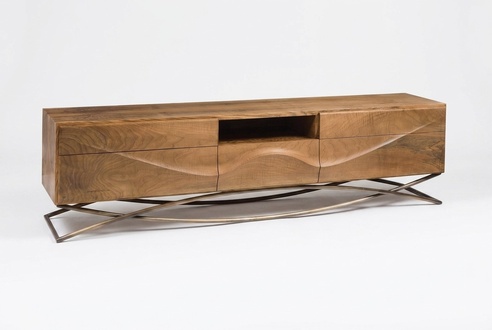 Elegant brown console table made of wood and metal.