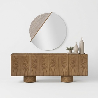 Elegant brown dining room set with sideboard and mirror in modern style.