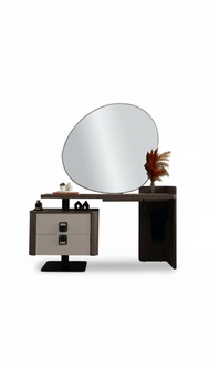 Elegant brown wooden vanity with a large mirror.