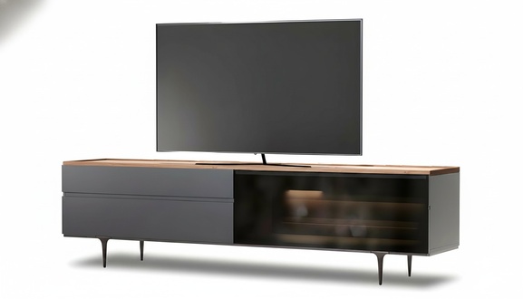 Elegant brown wooden lowboard for TV and multimedia.