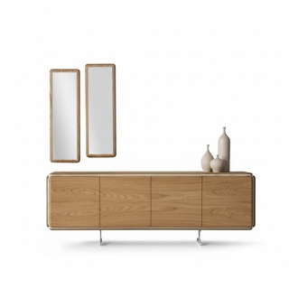 Elegant brown wood set with sideboard and mirror for dining room.