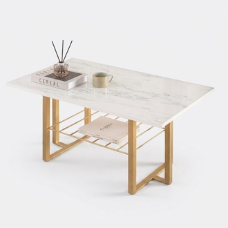 Elegant coffee table in marble look, practical storage sofa table.