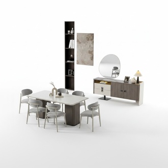 Elegant dining room set made of wood and textile in beige.