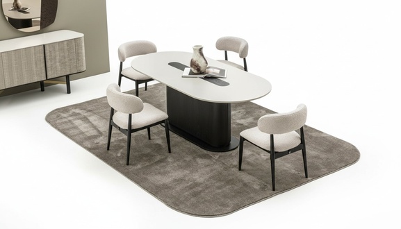 Elegant dining room set made of wood in beige with a modern design.