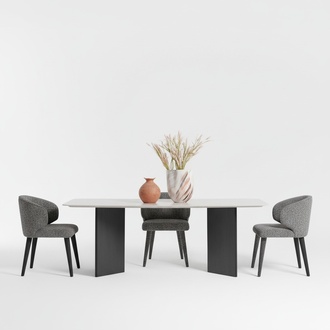 Elegant wooden dining table in beige, modern style.