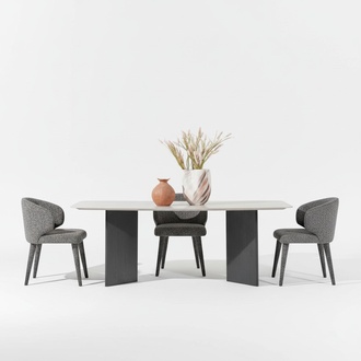 Elegant wooden dining table in beige, modern country house style.