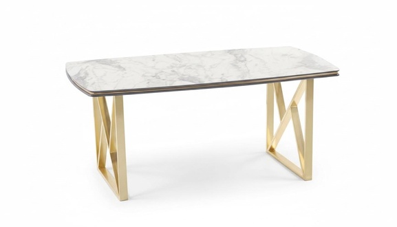 Elegant dining table with luxurious golden legs, rectangular wooden tabletop.