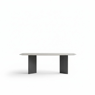 Elegant wooden dining table in beige for modern and classic settings.