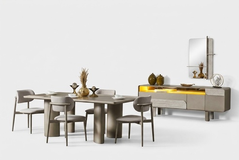 Elegant dining table set made of wood in beige with chairs and console.