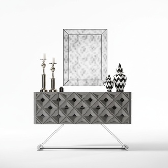 Elegant gray makeup table with mirror made of wood.