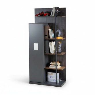 Elegant gray wooden bookshelf in a modern design.