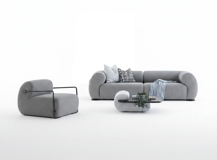 Elegant living room set made of wood and textile in gray.