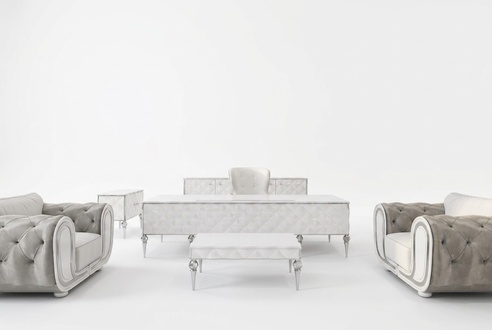 Elegant home office set with white wood-textile furniture.