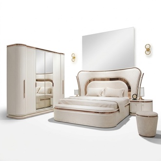 Elegant white wooden bedroom set with bed and nightstands.