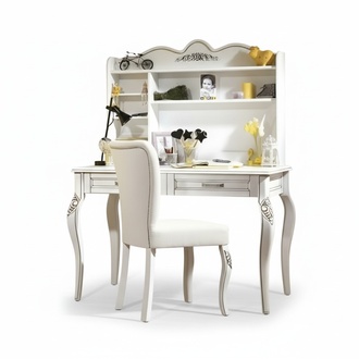 Elegant white bedroom set with wooden desk and chair.