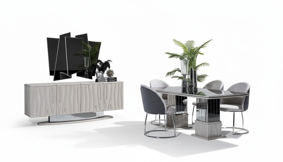 Elegant white dining room set made of wood with mirror and sideboard.