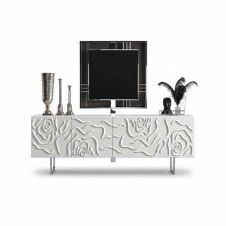 Elegant white dining room set with sideboard and mirror made of wood.