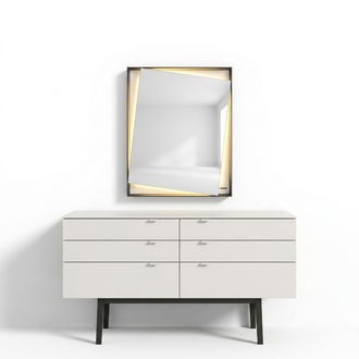 Elegant white makeup table with mirror made of wood for the bedroom.