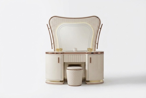 Elegant white vanity table with mirror and stool made of wood.