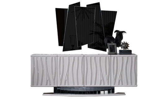 Elegant white wood and glass furniture set for the dining room with sideboard.