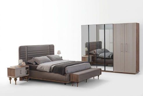 Exclusive Bedroom Bed Glass Wardrobe Wood Bedside Tables 4pc Luxury Set