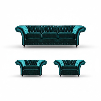 Exclusive Chesterfield Green Couches 2x Elegant Armchairs 3-Seater 3pcs