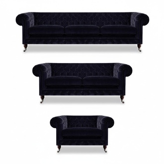 Exclusive Chesterfield sofas designer three-seater, two-seater textile armchair.