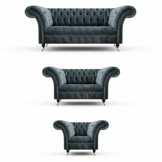 Exclusive gray Chesterfield sofas, elegant 3-seater, two-seater armchair, 3 pieces