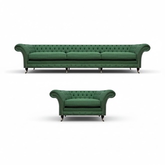 Exclusive green Chesterfield set complete with armchairs and a 3-seater.