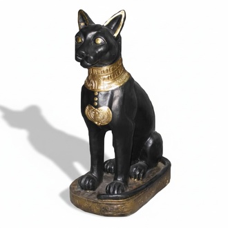 Decorative sculpture of ancient egyptian black colored cat bastet with a golden necklace 60cm