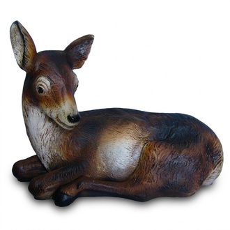Decorative sculpture designed as resting dark brown colored motley fawn 56x71cm