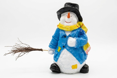 Deco figure of a christmas snowman dressed in blue jacket & holding a broom 75x50x40cm