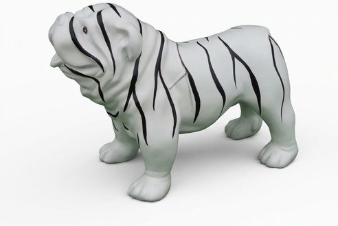 Decorative sculpture designed as white colored pug dog figure with black stripes 55cm length