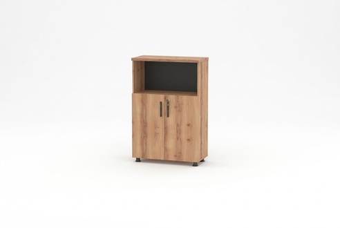 Rectangular file cabinet, brown and black, two-colored, shelf for office.