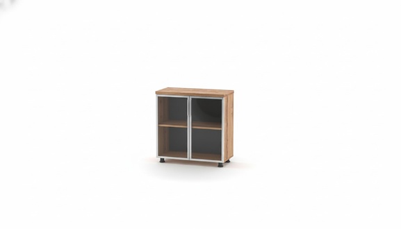 Brown filing cabinet with glass doors, solid color, adjustable shelves, home office.