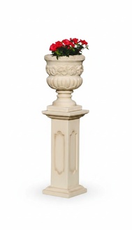 Ornamental garden flower vase-pot on column with patterns made of weather-resistant cement