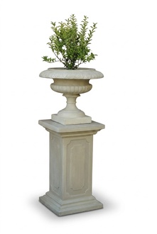 Decorative garden flower basket vase-pot on column made of weather-resistant cement in antique style